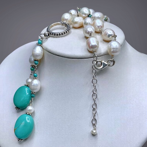🌺Gorgeous Sterling, Genuine Pearl & Turquoise Necklace - Picture 4 of 14